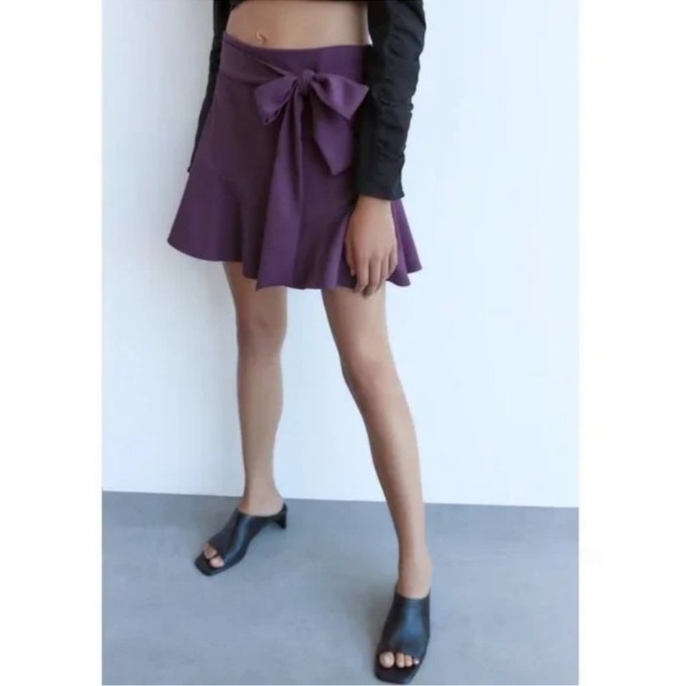 Zara Purple Skort Tie Belt Flare Mini Skirt - Picture 2 of 5